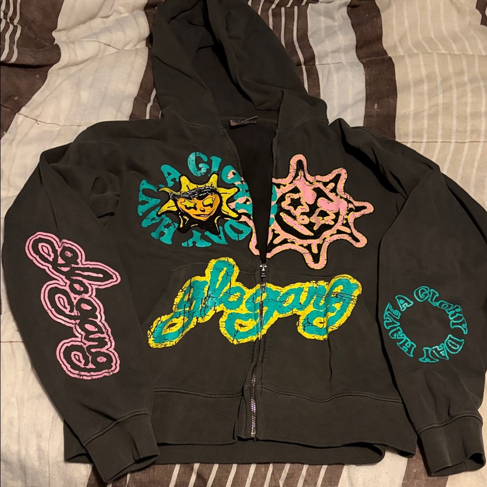 Elegant Men's Zip-Up Sweater - Black with Pink and Yellow Accents